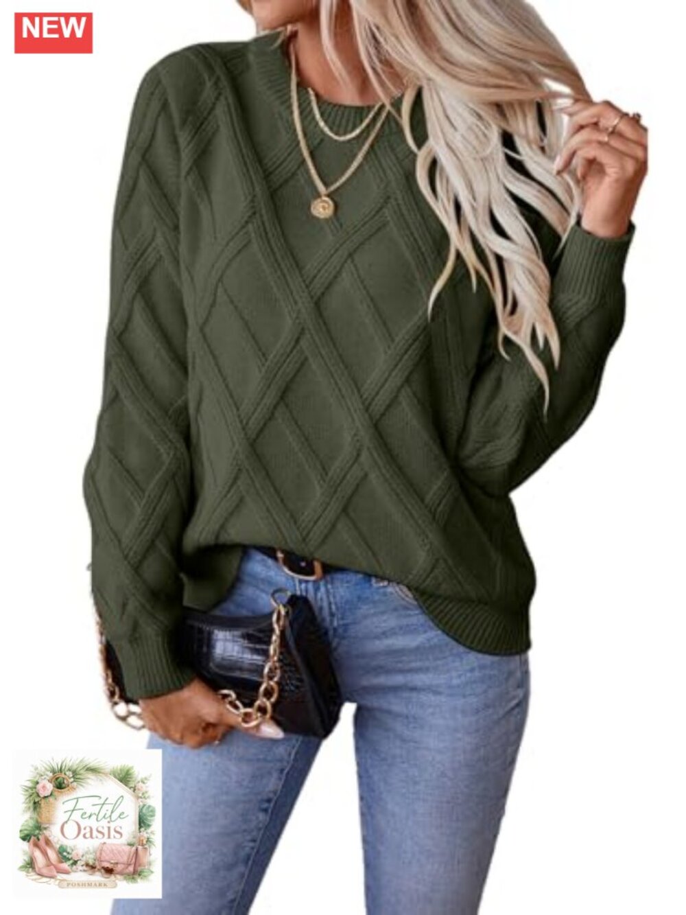Crew Neck Cable Knit Sweater Long Sleeve Viscose Blend Women's Pullover
